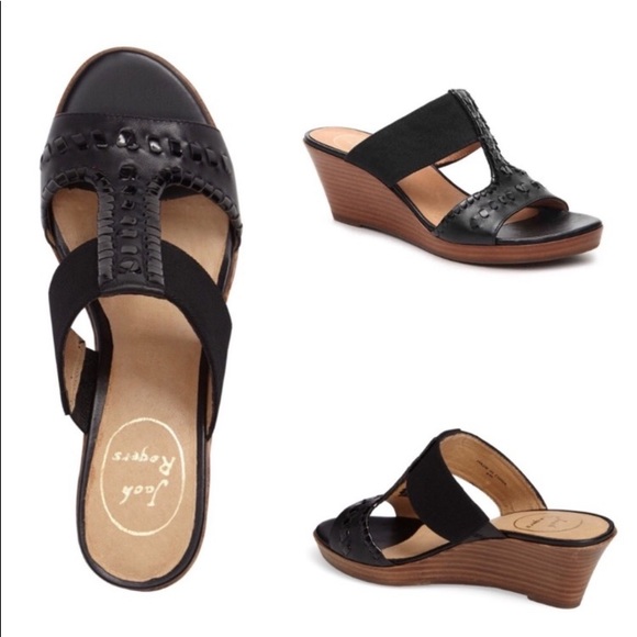 JACK ROGERS NORA Black Leather WEDGE SANDALS - Picture 1 of 8